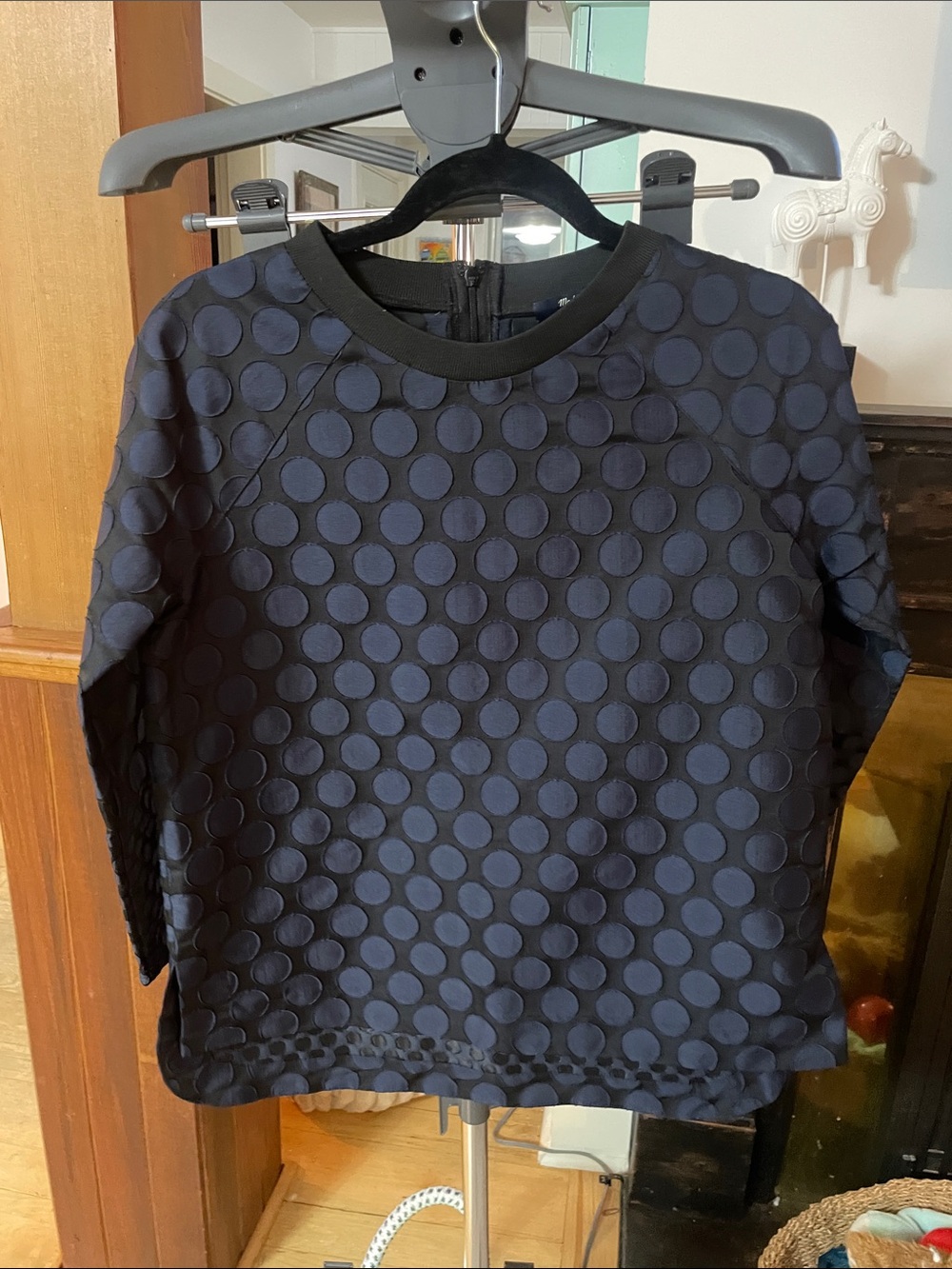 Madewell Navy Blue Textured Dot blouse.